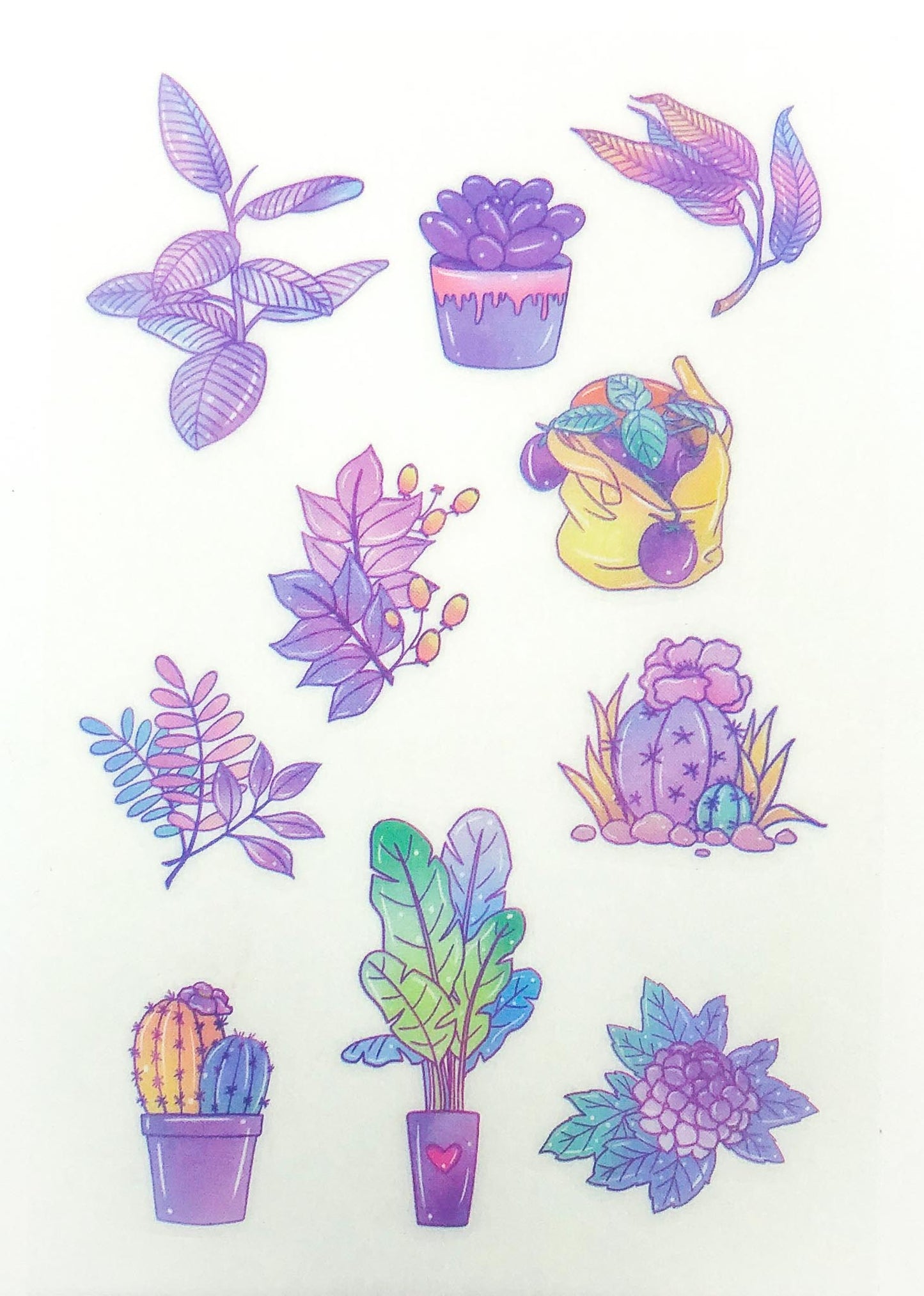watercolour floral flowers and plants leaves pink and purple bright shades sticker stickers sheets pack 6 translucent washi paper matte uk cute kawaii stationery succulent cactus plant