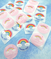 pink and blue happy clouds cloud and rainbow rainbows packaging thank you thankyou sticker stickers packs uk cute kawaii 25mm round glossy label labels