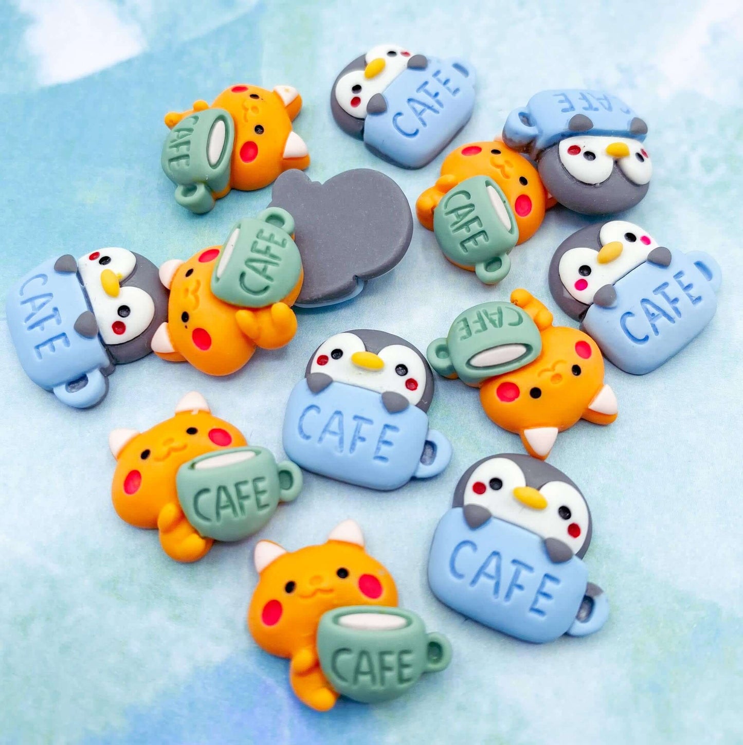 cute cafe animal penguin cat resin flatback flat back fb fbs embellishment drink mug cup cafe drinks blue green ginger orange