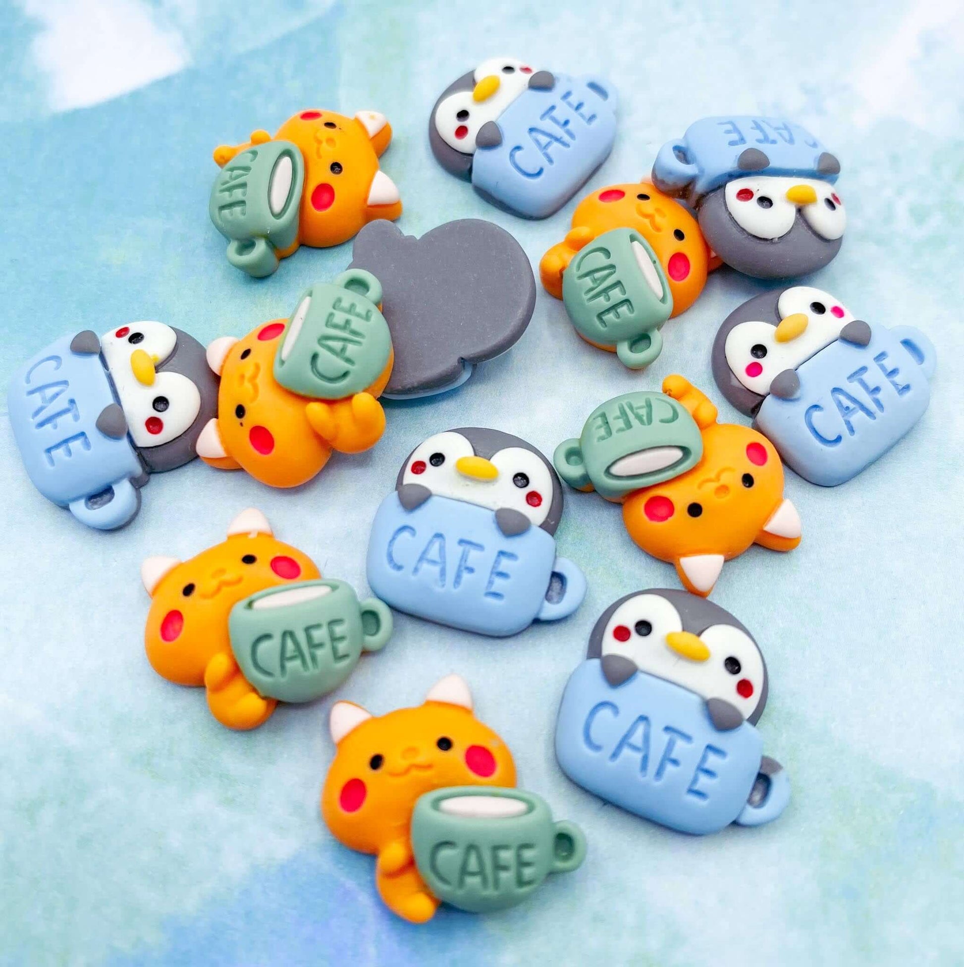 cute cafe animal penguin cat resin flatback flat back fb fbs embellishment drink mug cup cafe drinks blue green ginger orange
