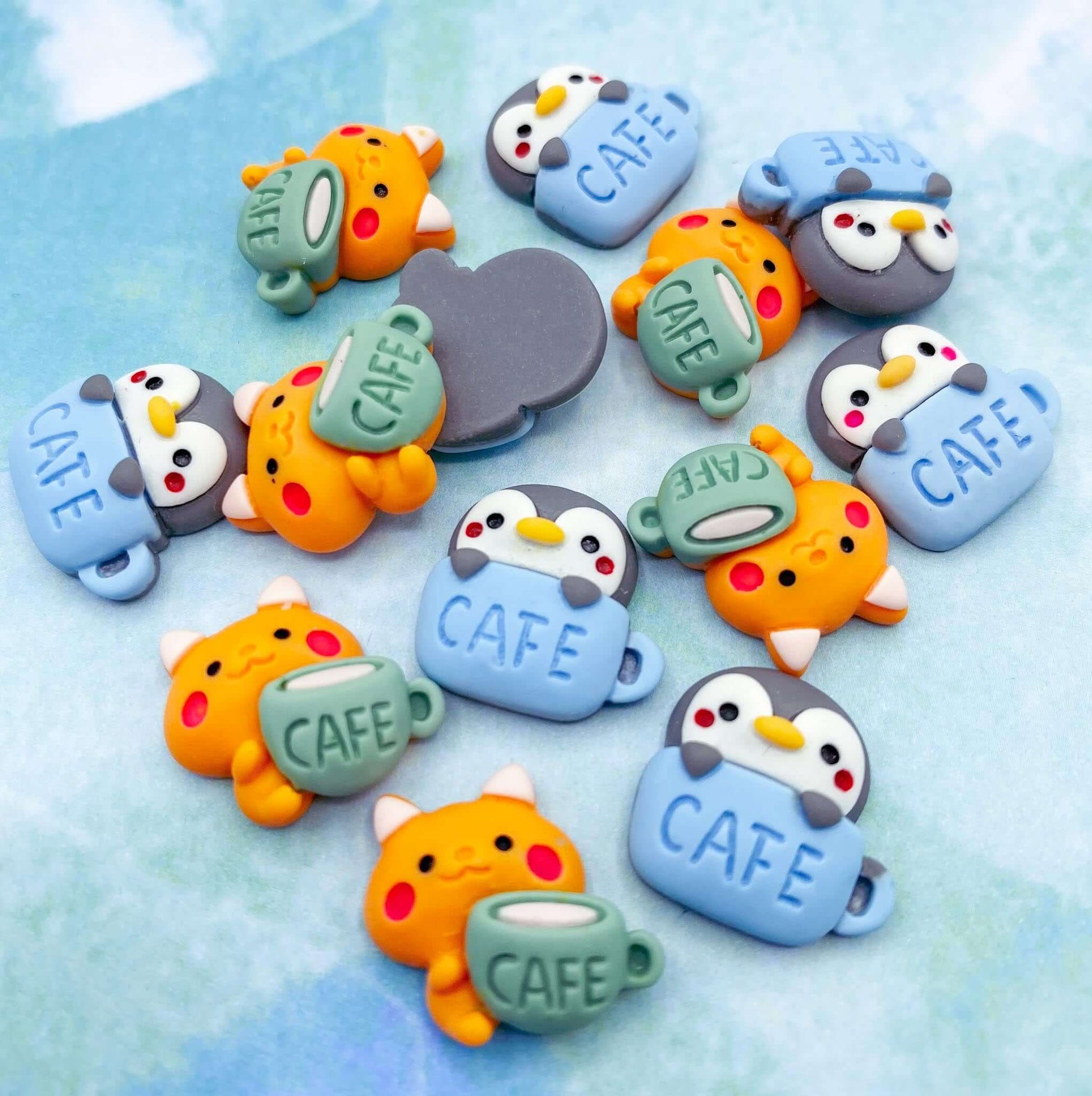 cute cafe animal penguin cat resin flatback flat back fb fbs embellishment drink mug cup cafe drinks blue green ginger orange 