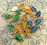 gold metal leaf leaves enamel enamelled charm charms green teal blue gold orange amber yellow uk cute kawaii crafts craft supplies