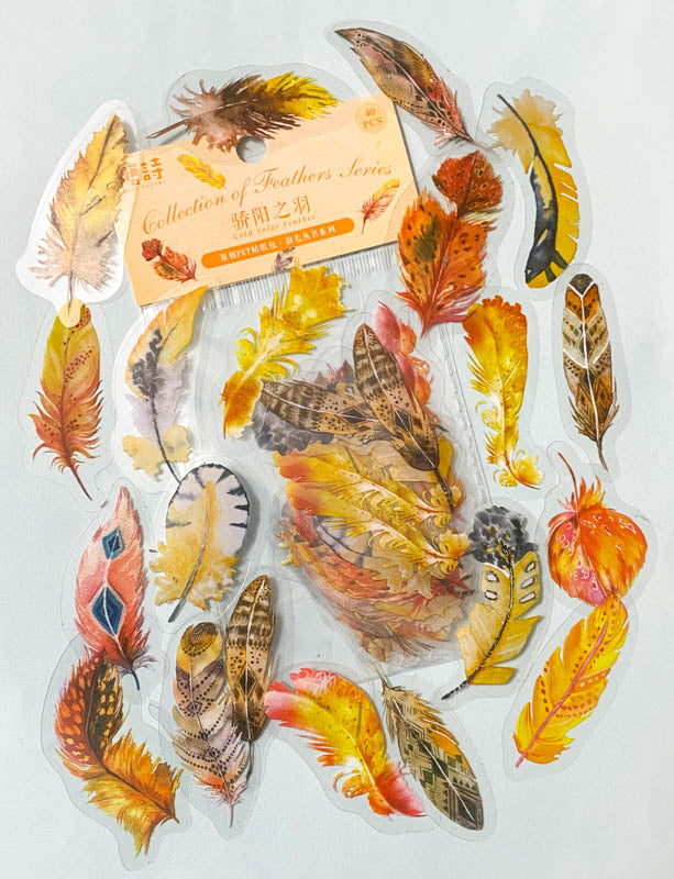 clear plastic pet sticker stickers flake flakes pack of 40 half 20 yellow orange cream golden feather feathers bird bird's uk cute kawaii stationery planner supplies