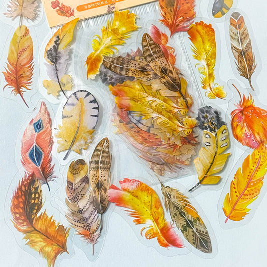 clear plastic pet sticker stickers flake flakes pack of 40 half 20 yellow orange cream golden feather feathers bird bird's uk cute kawaii stationery planner supplies