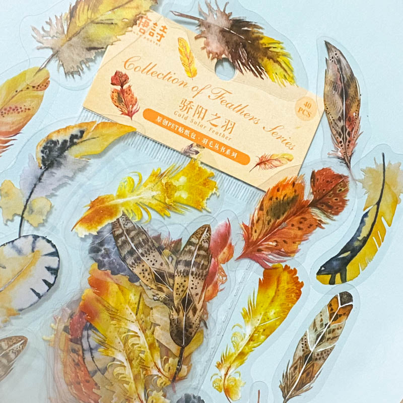 clear plastic pet sticker stickers flake flakes pack of 40 half 20 yellow orange cream golden feather feathers bird bird's uk cute kawaii stationery planner supplies