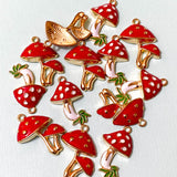 red and white spotted spots mushroom mushrooms charm charms enamel enamelled gold tone pendant green grass pair of cute kawaii craft supplies uk woodland toadstool fungi metal