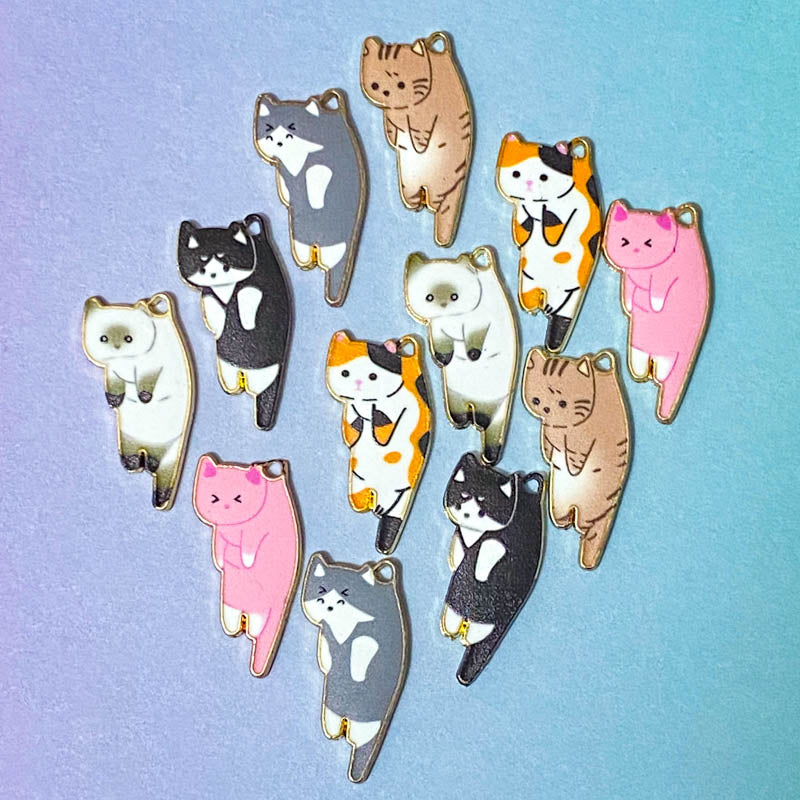 cute kawaii cat cats kitty kittens enamel charm charms gold tone metal enamelled hanging floppy pendant uk craft supplies jewellery making grey black pink tabby tortoiseshell grey brown white cats