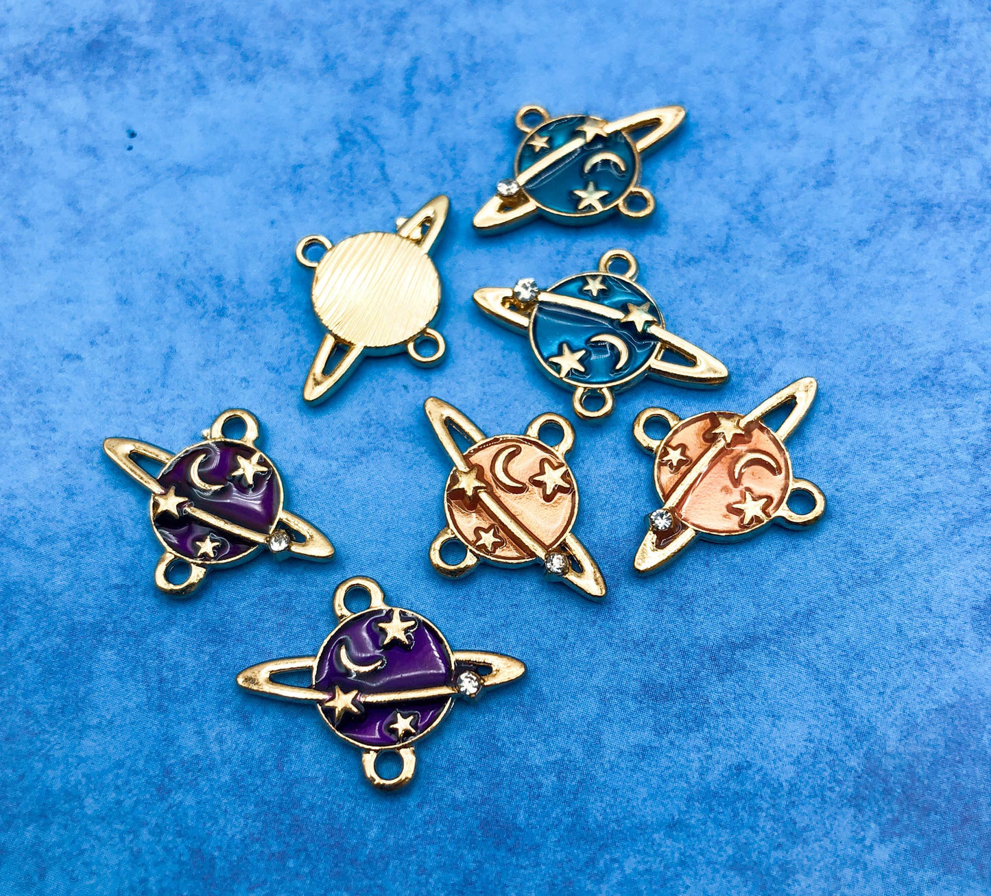 planet planets stars galaxy space themed gold tone rhinestone metal charm charms blue purple orange uk cute kawaii craft supplies heart