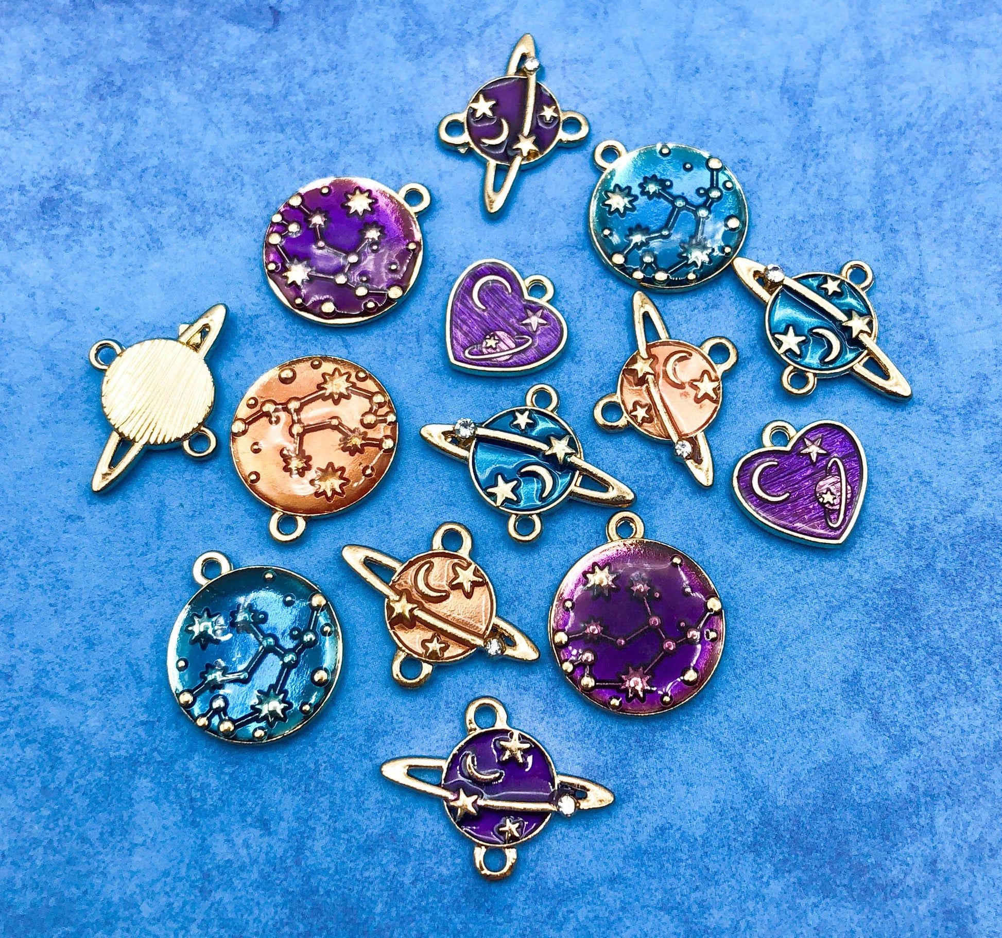planet planets stars galaxy space themed gold tone rhinestone metal charm charms blue purple orange uk cute kawaii craft supplies heart connector connectors