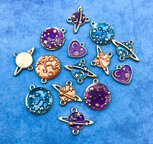 planet planets stars galaxy space themed gold tone rhinestone metal charm charms blue purple orange uk cute kawaii craft supplies heart connector connectors