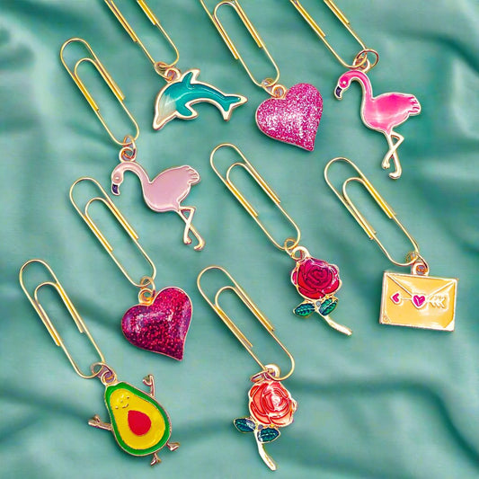 planner paper clip clips avocado heart rose roses flamingo flamingos pink dolphin glitter gold tone metal uk gifts hand made handmade crafted pink red turquoise