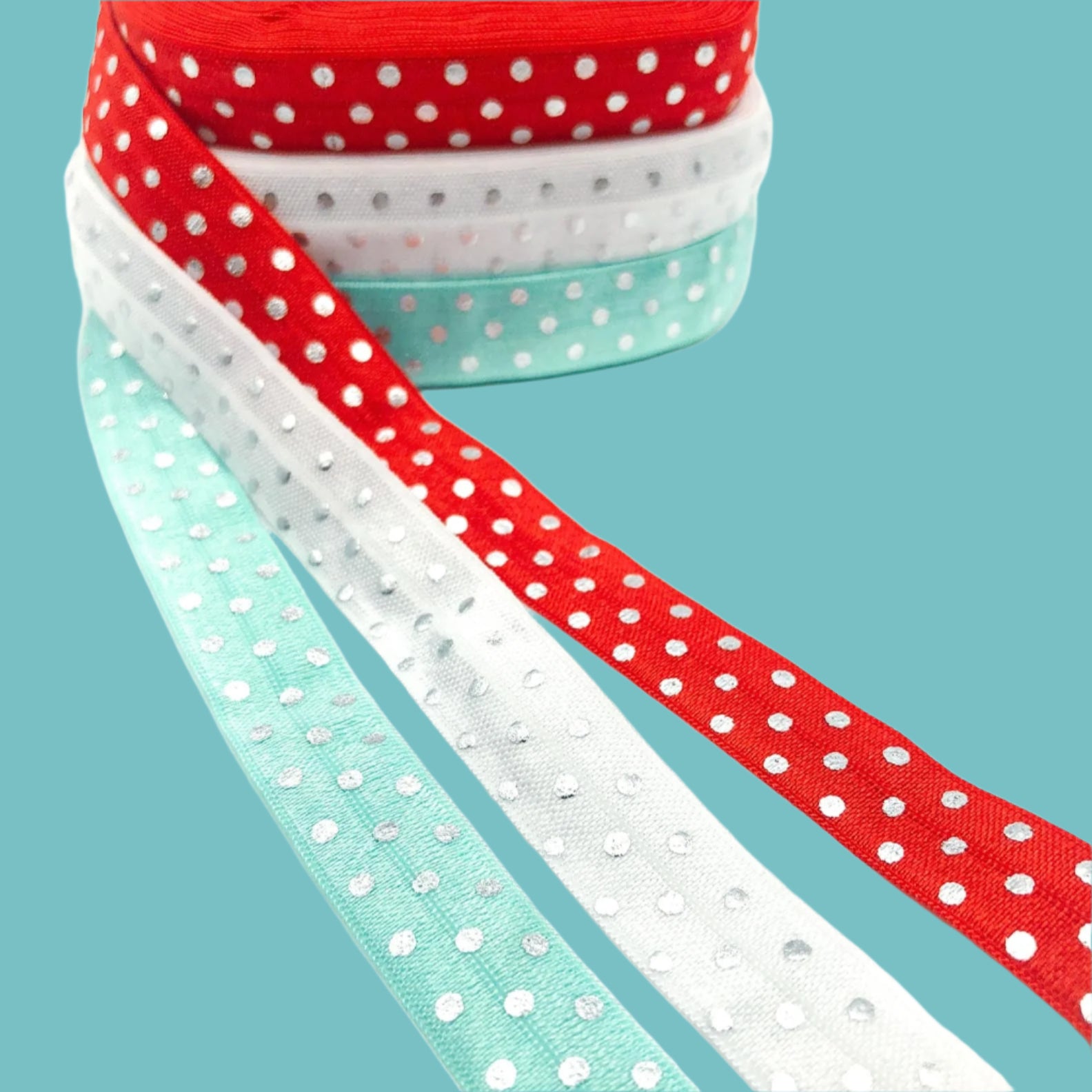 polka dot dotty spot spots spotty elastic foe ribbon ribbons fold over elastics uk cute kawaii craft supplies shop silver foil foiled white red aqua blue 