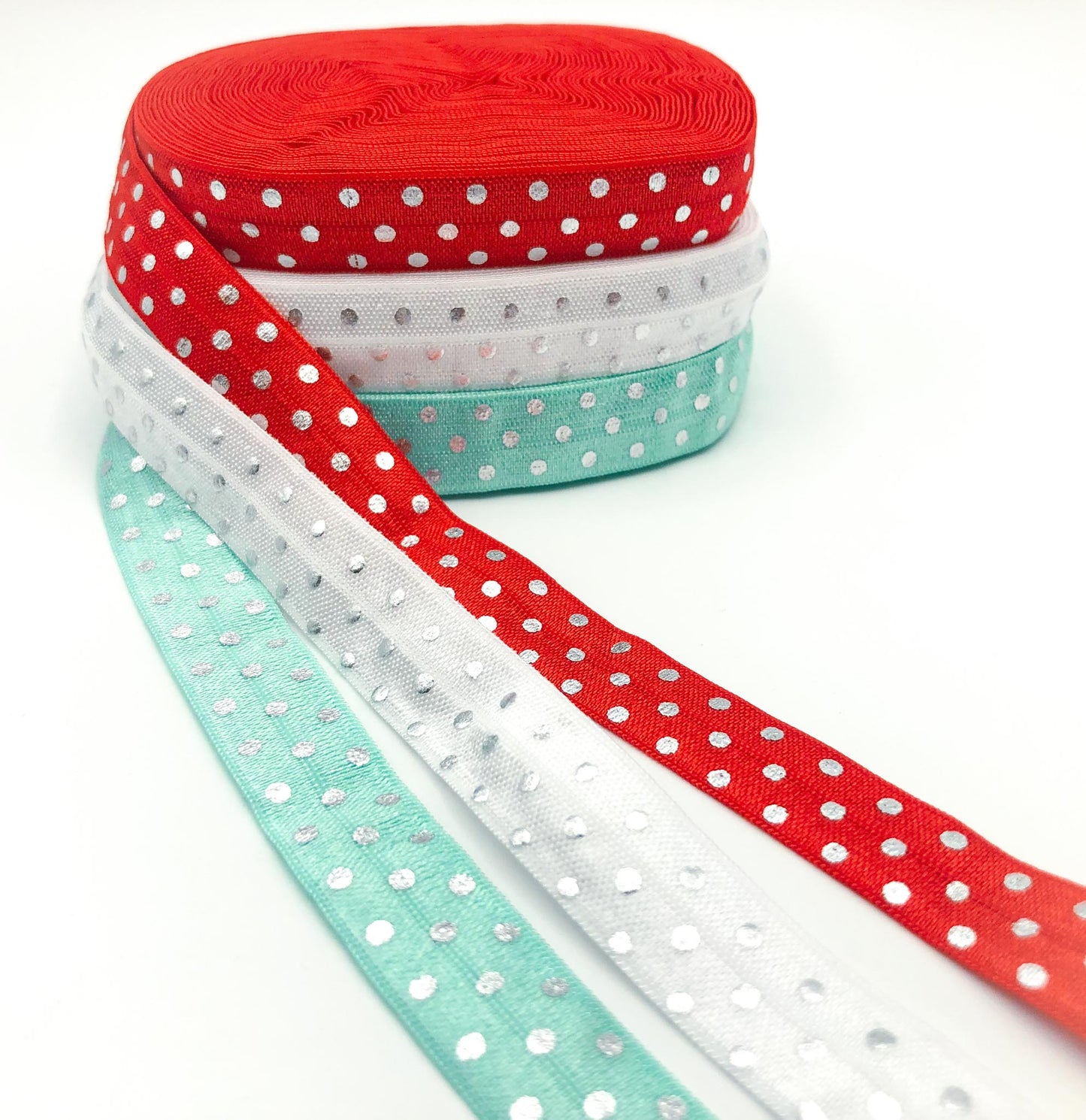 Clearance- just 60p! Silver Foiled Polka Dots Elastic Ribbon 15mm