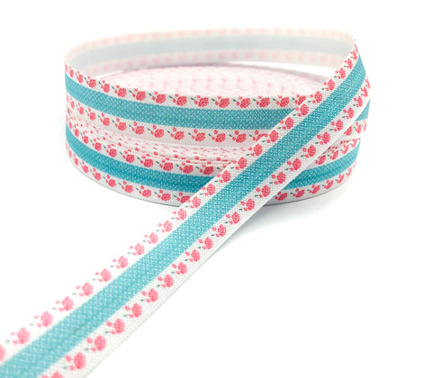 shabby chic floral rose bud pink and blue patterned elastic ribbon foe ribbons elastics fold over uk cute kawaii craft supplies flower roses buds flowers pink blue