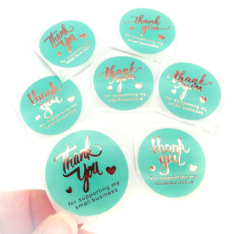 turquoise green thank you for supporting my small business sticker stickers rose gold foil foiled round 38mm large packaging stationery uk heart teal 
