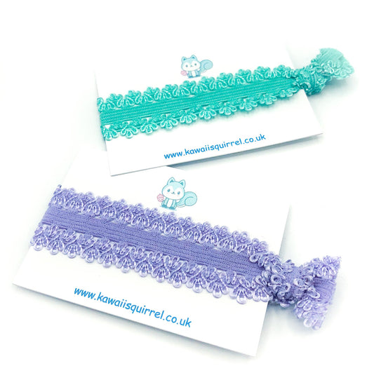 lace lacy elastic single hair tie ties elastics pretty cute uk hand made handmade bows hair elastics band gift lilac purple turquoise