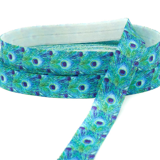 peacock feather water colour watercolour pretty cute elastic ribbon fold over elastics ribbons uk craft supplies stretch peacocks blue green turquoise teal feaathers foe yard