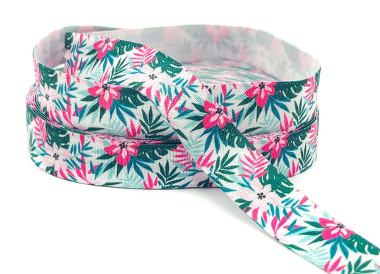 hibiscus flower flowers tropical leaf leaves pink green fold over elastic elastics ribbon ribbons foe uk crafts craft supplies cerise