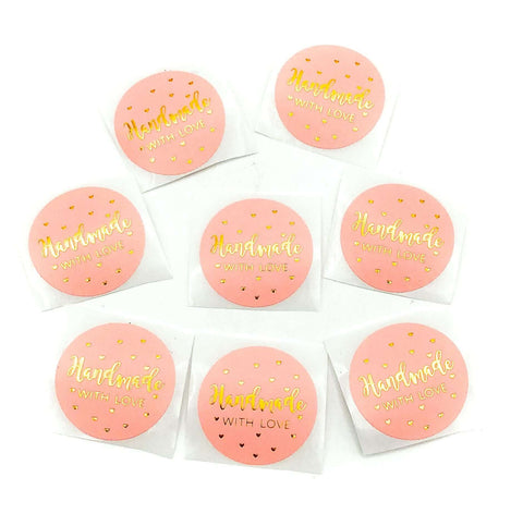 handmade with love hand made round 25mm pink and gold foil foiled stickers uk cute kawaii stationery packing supplies