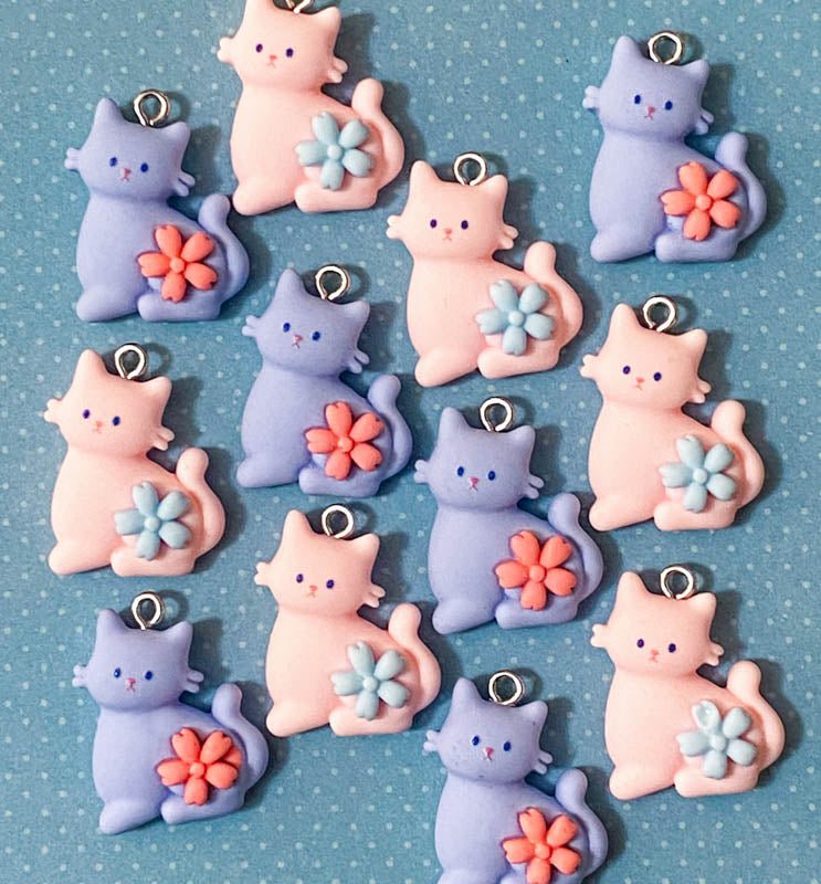 resin cute kawaii cat charm charms blue pink floral flower silver tone hook uk craft supplies cats kitten kitty pretty light pale
