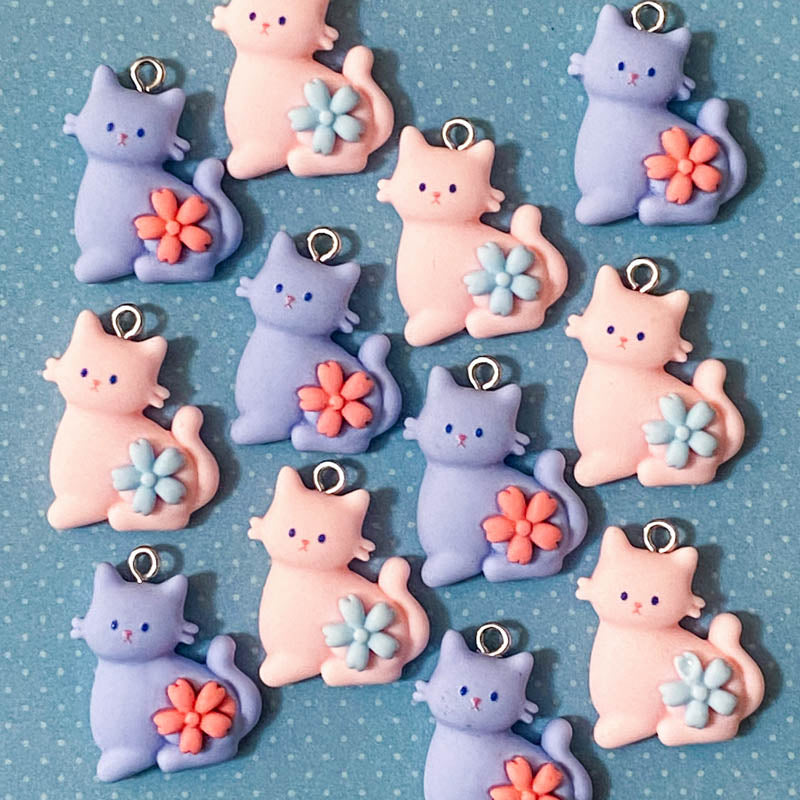 resin cute kawaii cat charm charms blue pink floral flower silver tone hook uk craft supplies cats kitten kitty pretty light pale