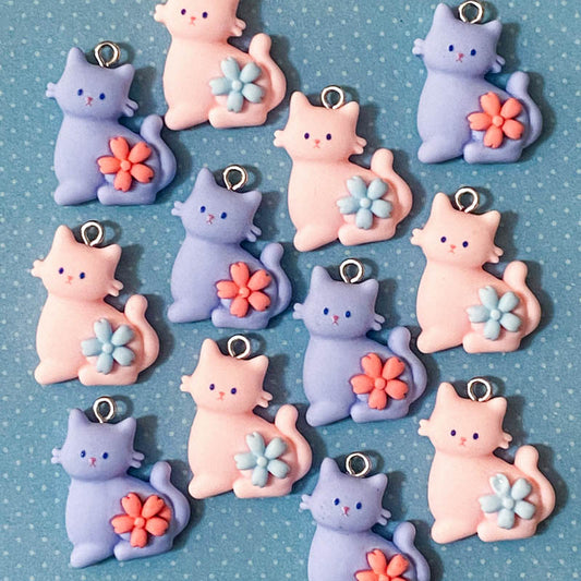 resin cute kawaii cat charm charms blue pink floral flower silver tone hook uk craft supplies cats kitten kitty pretty light pale