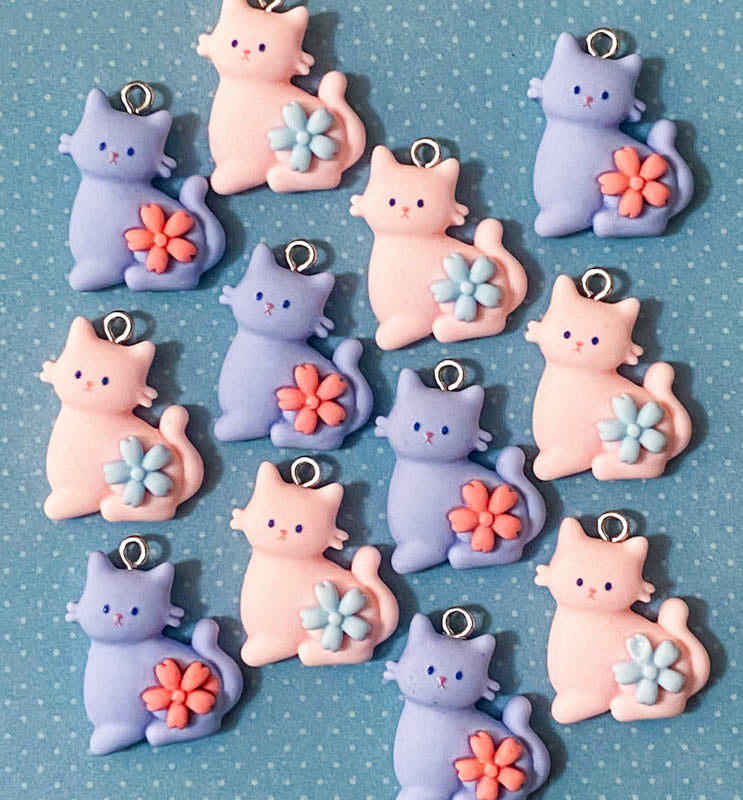 resin cute kawaii cat charm charms blue pink floral flower silver tone hook uk craft supplies cats kitten kitty pretty light pale