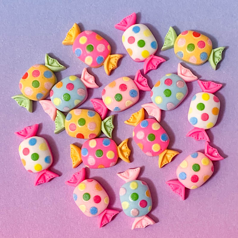 sweet sweets resin candy boiled candies resins flatback flat back fb fbs polka dot colourful spot spotted spots uk cute kawaii craft supplies pink yellow blue white candies