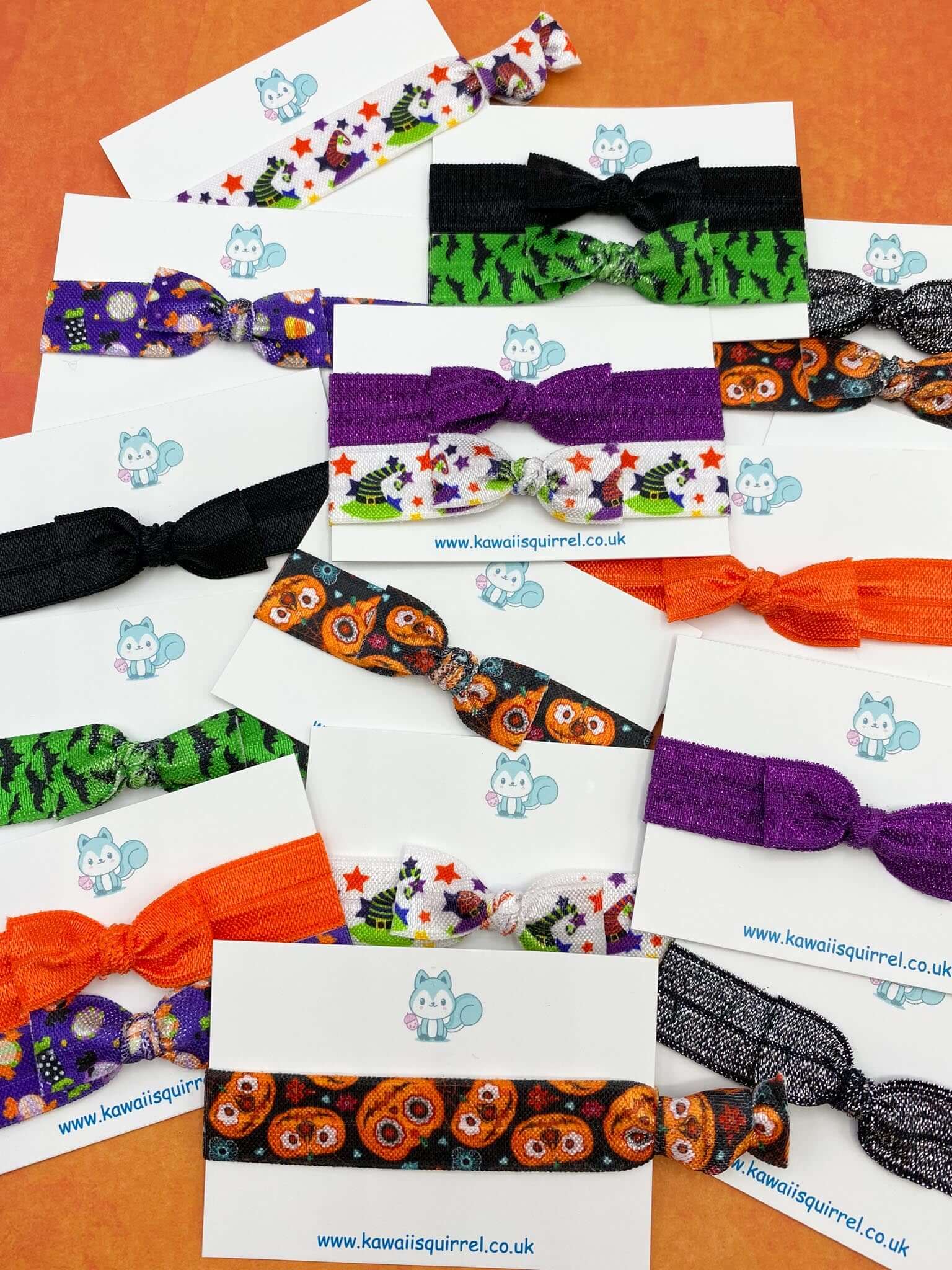 halloween spooky kids childs girl girls handmade hair tie ties bow bows set purple orange green black uk kawaii cute gifts gift pumpkin witch bat bats