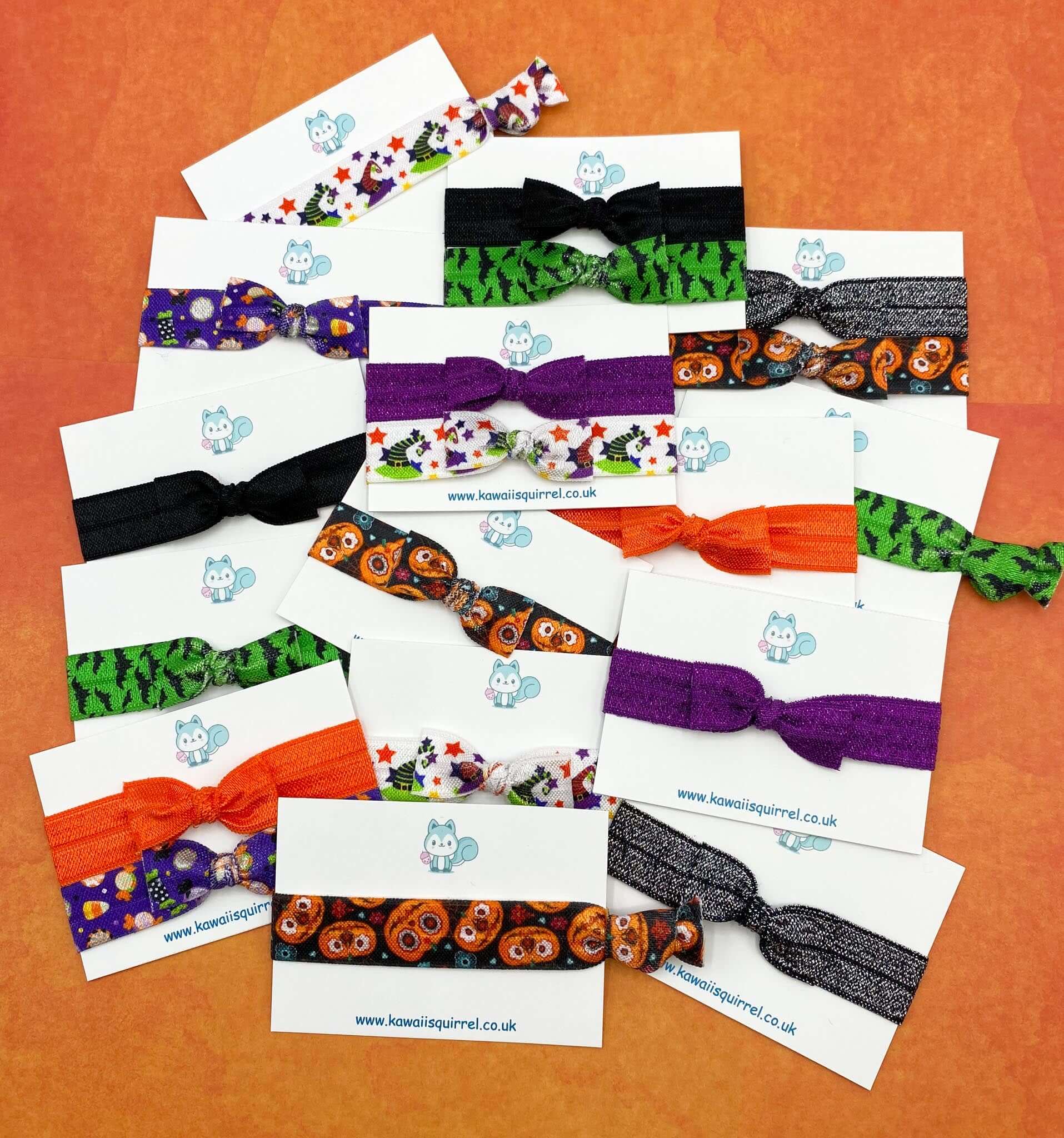 halloween spooky kids childs girl girls handmade hair tie ties bow bows set purple orange green black uk kawaii cute gifts gift pumpkin witch bat bats
