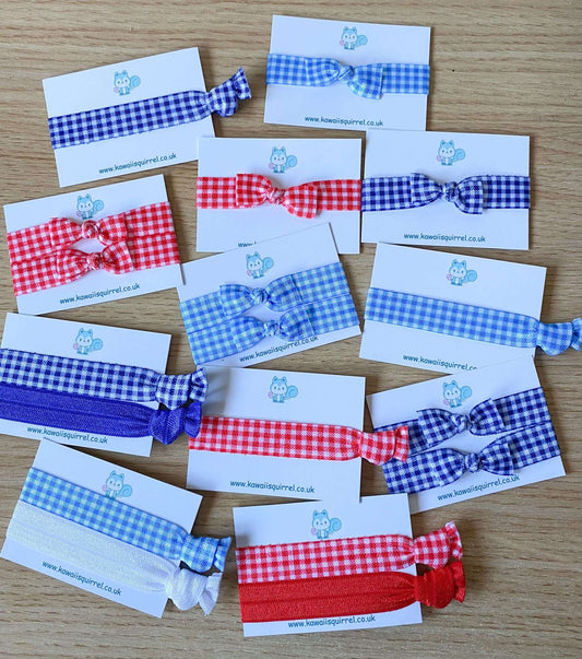 handmade hand made gingham school uniform hair tie ties bow bows girls uk cute kawaii red blue royal pale light white checked checks gift gifts set sets