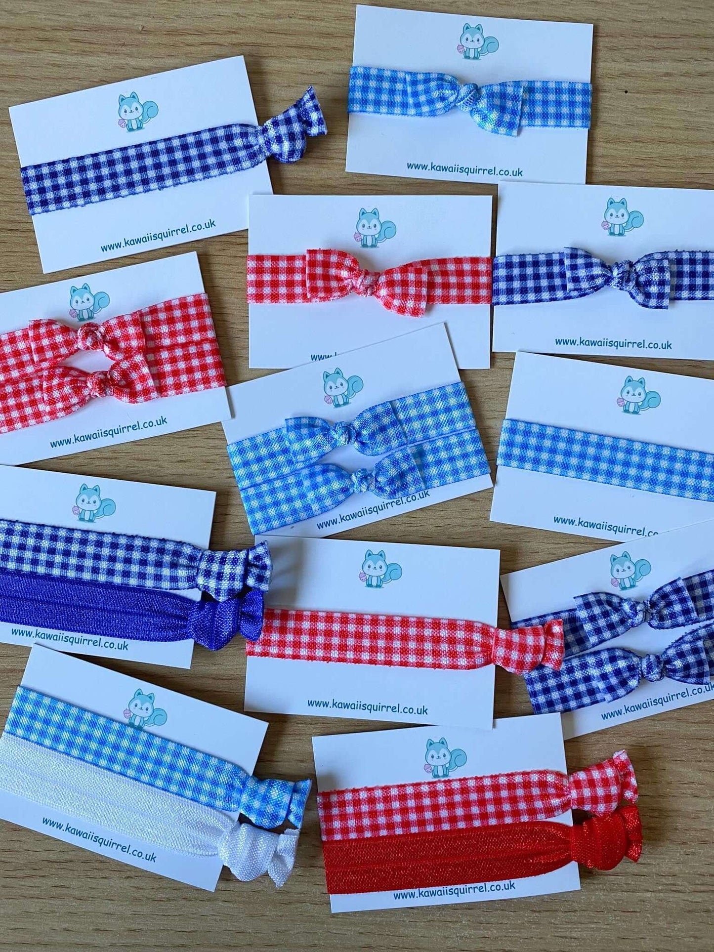handmade hand made gingham school uniform hair tie ties bow bows girls uk cute kawaii red blue royal pale light white checked checks gift gifts set sets