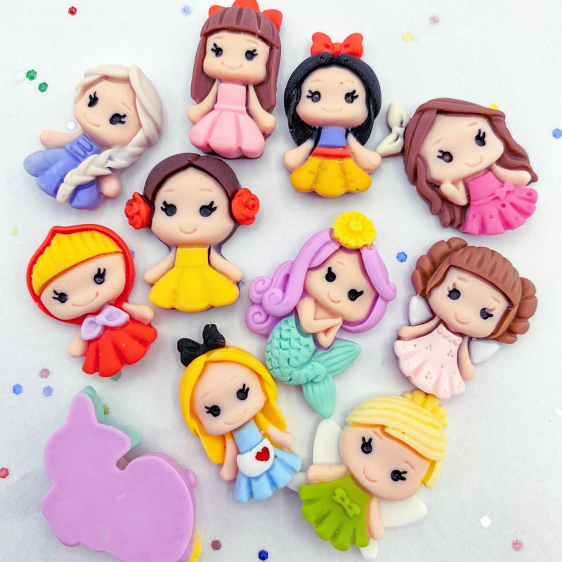 polymer clay resin flat back fb fbs flatback embellishment princess cute kawaii uk craft supplies princesses belle ariel snow white alice fairy mermaid little red riding hood dress pretty