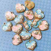 pearl pearls clusters heart hearts gold tone metal enamel enamelled charm charms pendant pink blue pretty uk cute kawaii craft supplies marble marbled sweet
