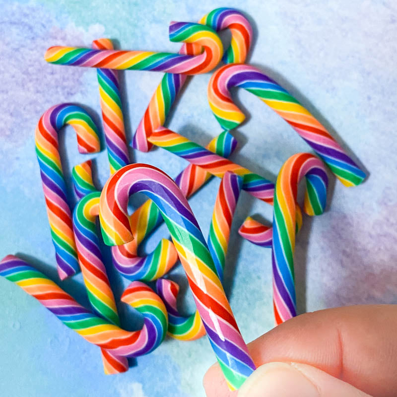 jumbo polymer clay striped rainbow candy cane canes handmade large big colours striped uk cute kawaii craft supplies 46mm long big bright twisted spiral