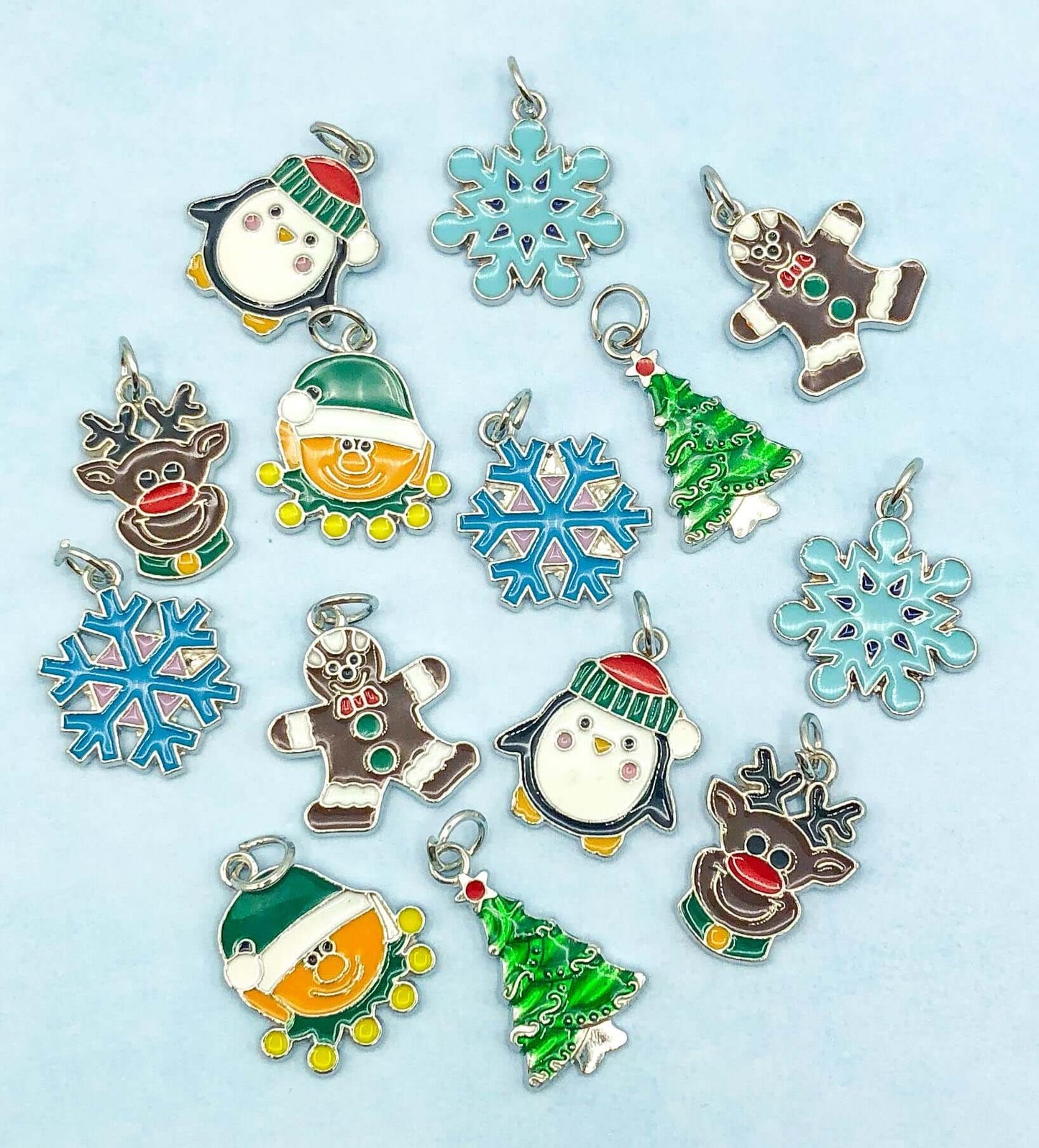christmas silver tone metal enamel charm charms gingerbread man men elf tree xmas snowflake snowflakes penguin penguins cute uk craft supplies tree trees