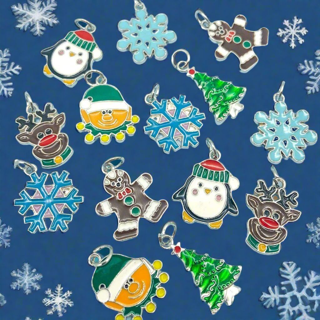christmas silver tone metal enamel charm charms gingerbread man men elf tree xmas snowflake snowflakes penguin penguins cute uk craft supplies tree trees