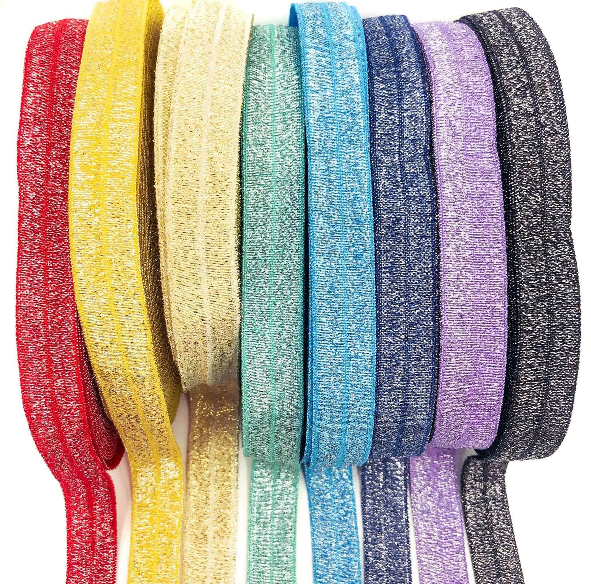 glitter elastic ribbon ribbons fold over elastics uk craft supplies red blue green black lilac gold yard 15mm