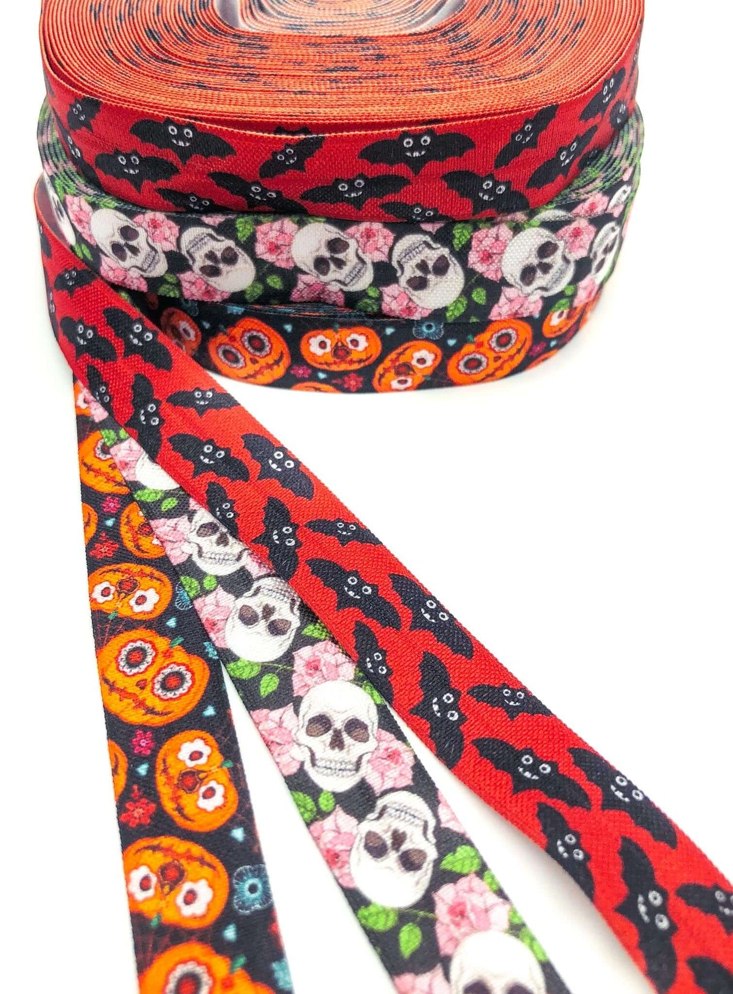 halloween elastic stretch fold over elastics foe ribbon ribbons yard uk cute kawaii bat bats skull skulls pumpkin pumpkins red orange floral rose roses pink 15mm