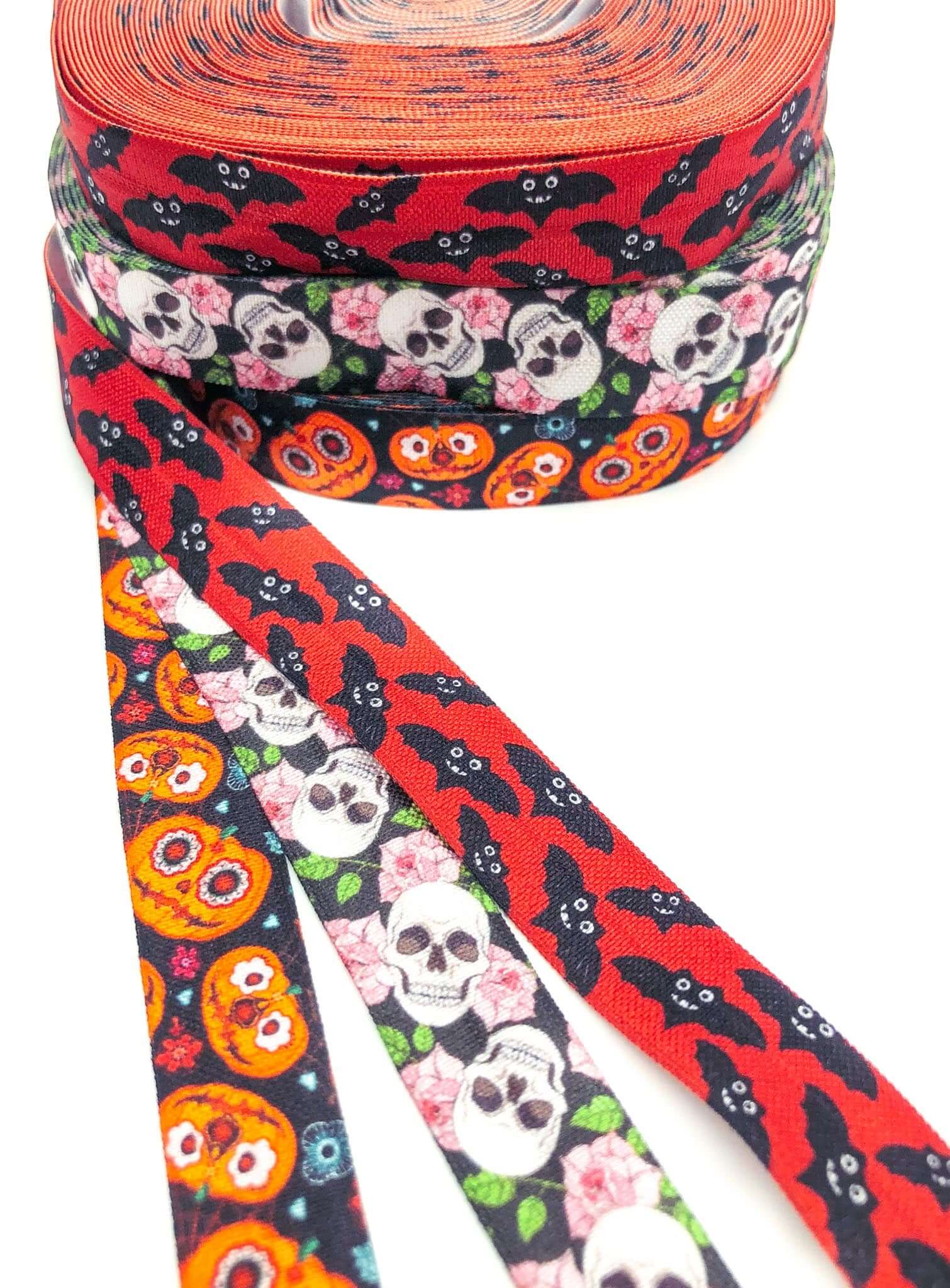 halloween elastic stretch fold over elastics foe ribbon ribbons yard uk cute kawaii bat bats skull skulls pumpkin pumpkins red orange floral rose