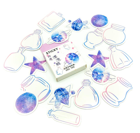 magic bottle bottles speech bubbles ocean space galaxy stickers sticker flake flakes box of 46 journalling stationery cute kawaii uk glossy planner addict blue purple pink stars planets