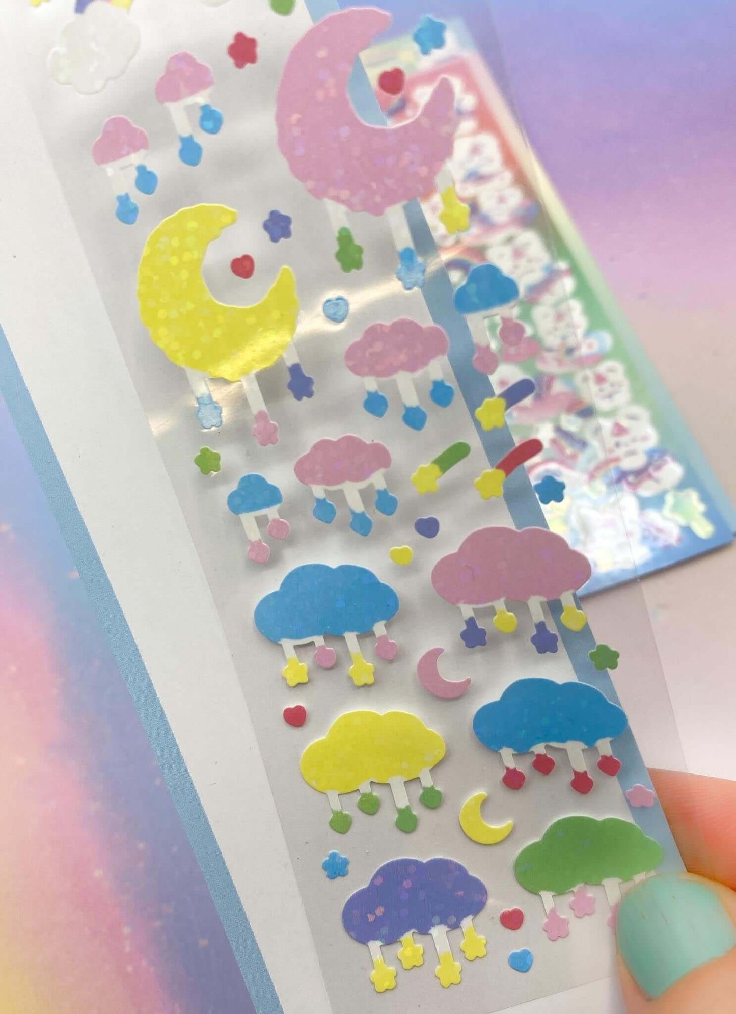 rain cloud clouds and stars moon moons sparkly glitter laser holo holographic sticker stickers pack uk cute kawaii bunny rabbit rabbits rainbow rainbows