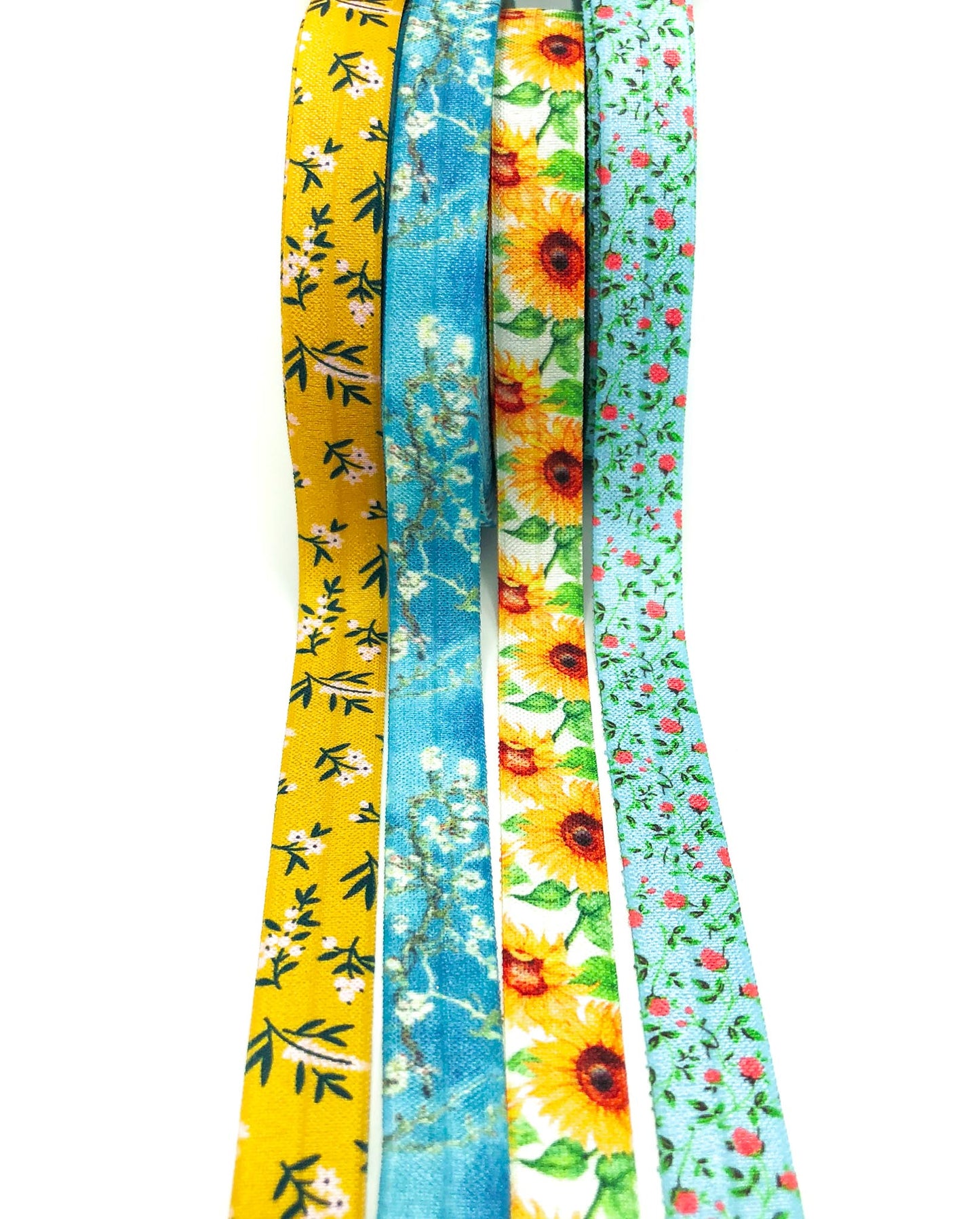 mustard yellow blue turquoise floral flower elastic shabby chic ribbons fold over elastics foe uk cute kawaii craft supplies yard sunflowers roses cherry blossom