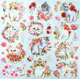 pretty pink and white floral flower flowers cat cats kitten kittens clear plastic sticker stickers sheet sheets pack uk stationery rose tulip dahlia lily garden nature green spring grey tabby