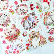 pretty pink and white floral flower flowers cat cats kitten kittens clear plastic sticker stickers sheet sheets pack uk stationery rose tulip dahlia lily garden nature green spring grey tabby