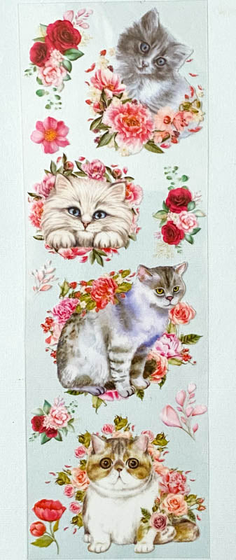 pretty pink and white floral flower flowers cat cats kitten kittens clear plastic sticker stickers sheet sheets pack uk stationery rose tulip dahlia lily garden nature green spring grey tabby