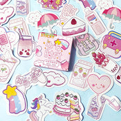 happy pink cute kawaii mini sticker flakes box of 46 stickers die cut cuts clouds cake drink food stars unicorn rainbow umbrella milk backpack gameboy uk stationery