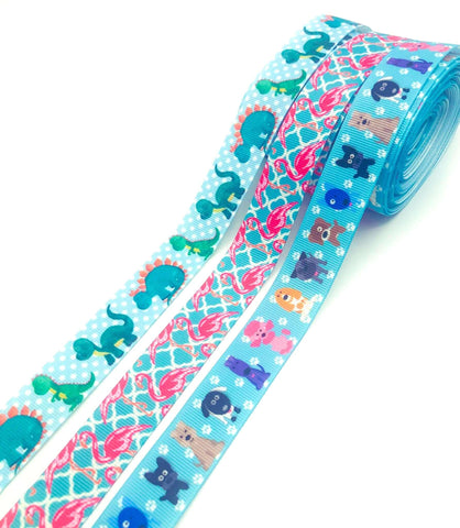 blue turquoise animal 22mm wide grosgrain ribbon ribbons yard uk craft supplies flamingo flamingos dog dogs dino dinosaur dinosaurs cute kawaii