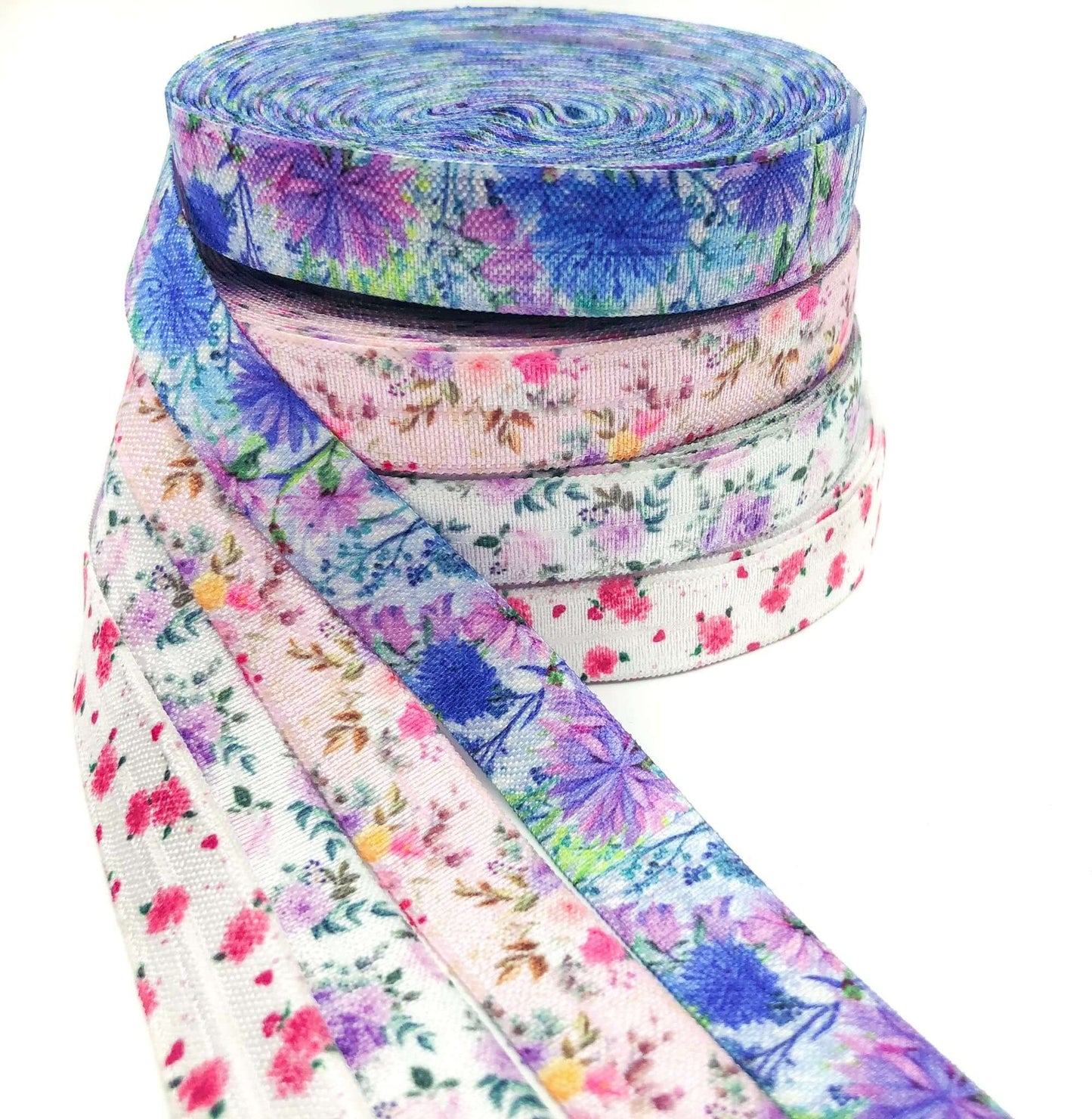 yard pretty floral flower ribbon elastic fold over elastics foe stretch ribbons uk cute kawaii craft supplies rose roses blue pink lilac flowers