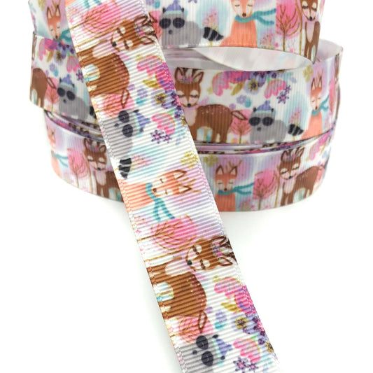 forest deer raccoon and fox 22mm wide grosgrain ribbon one yard